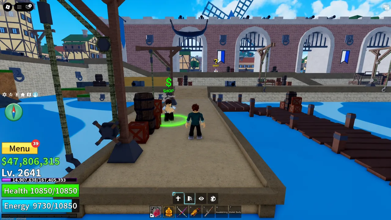 Player walking up to a highlighted NPC in Pirate Village to open its dialogue menu