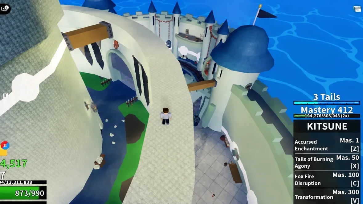 Player crossing a prison walkway with the Kitsune ability bar visible on screen