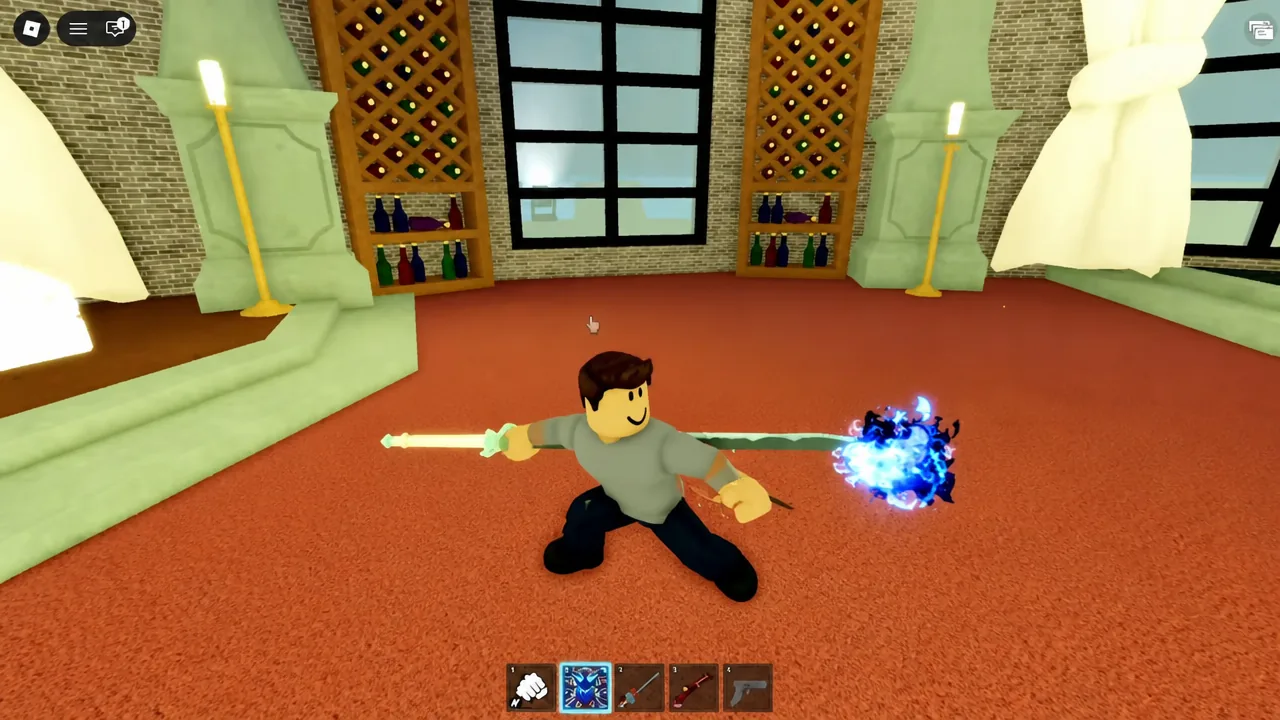 Player swinging a glowing sword with a blue effect during the office fight