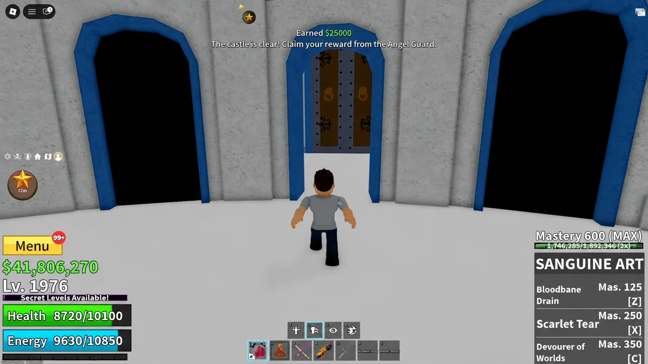 On-screen message telling the player to claim the reward from the Angel Guard after clearing the castle