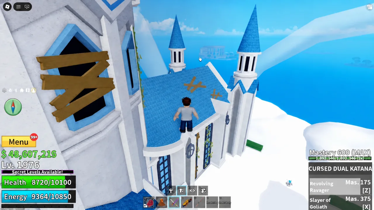 Player character standing on the roof of the Skyland Castle looking for the boarded entrance