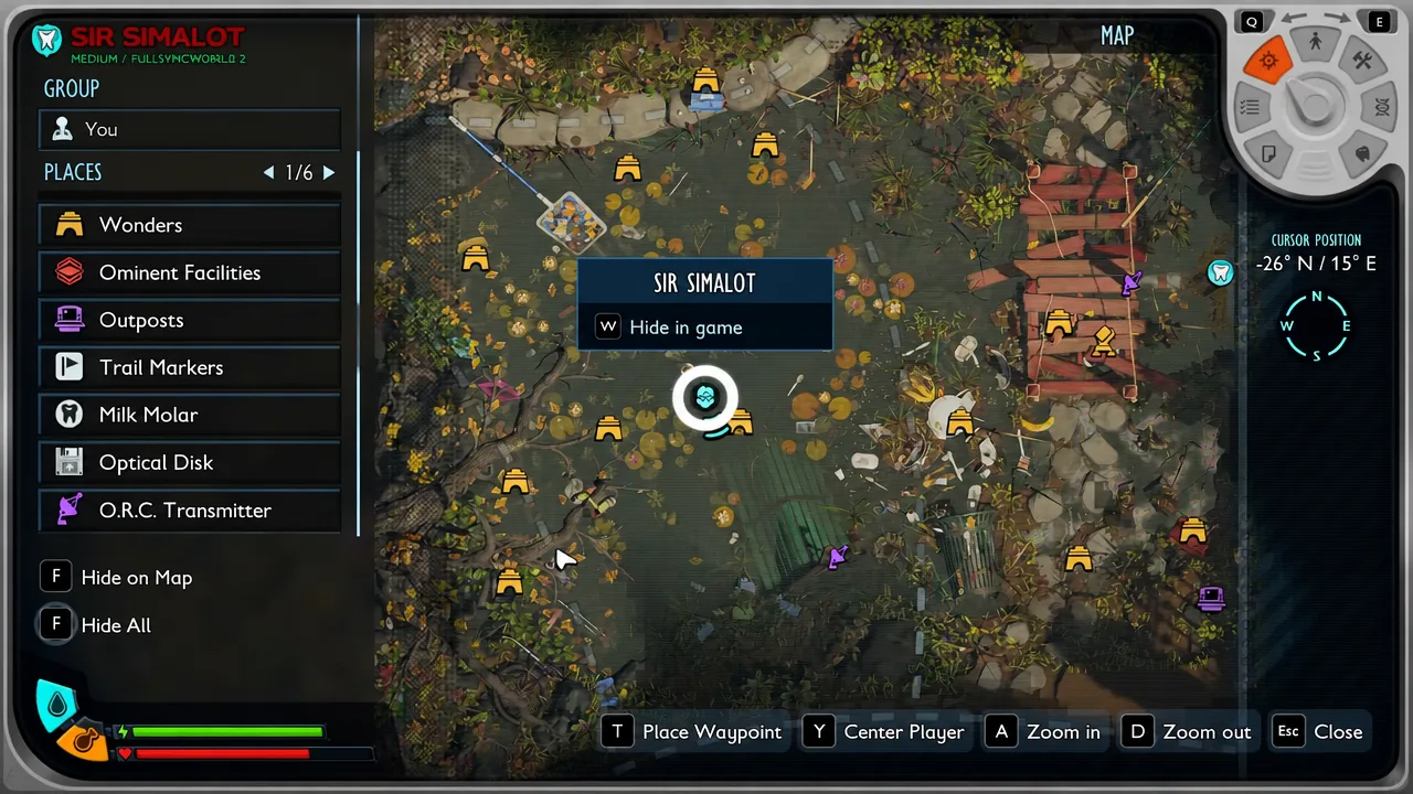 Grounded 2 map screen with the Sir Simalot point of interest selected before a pond dive