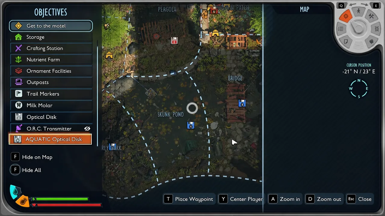 Map screen in Grounded 2 showing the Aquatic Optical Disk objective marker