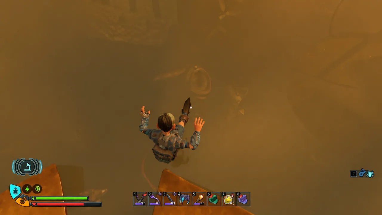 Player character dropping through orange haze during the long descent into the Abyss