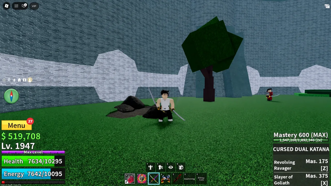 Blox Fruits player fighting an Escaped Prisoner in the Prison Island courtyard
