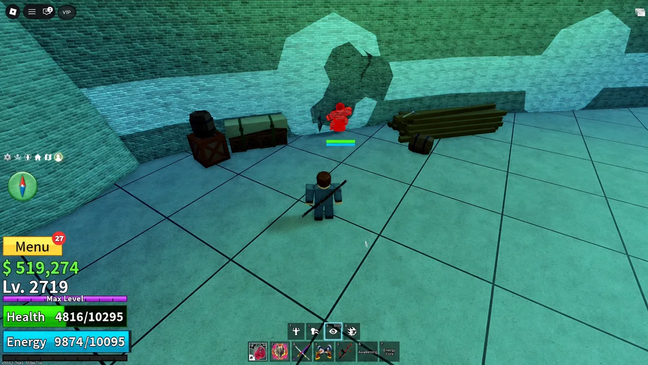 Avatar closing in on a red-highlighted Escaped Prisoner inside a prison interior room