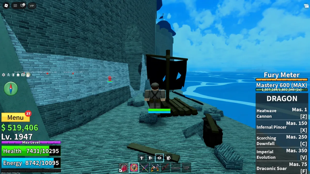 Blox Fruits avatar standing next to a docked boat at the prison waterline with the Dragon ability panel open