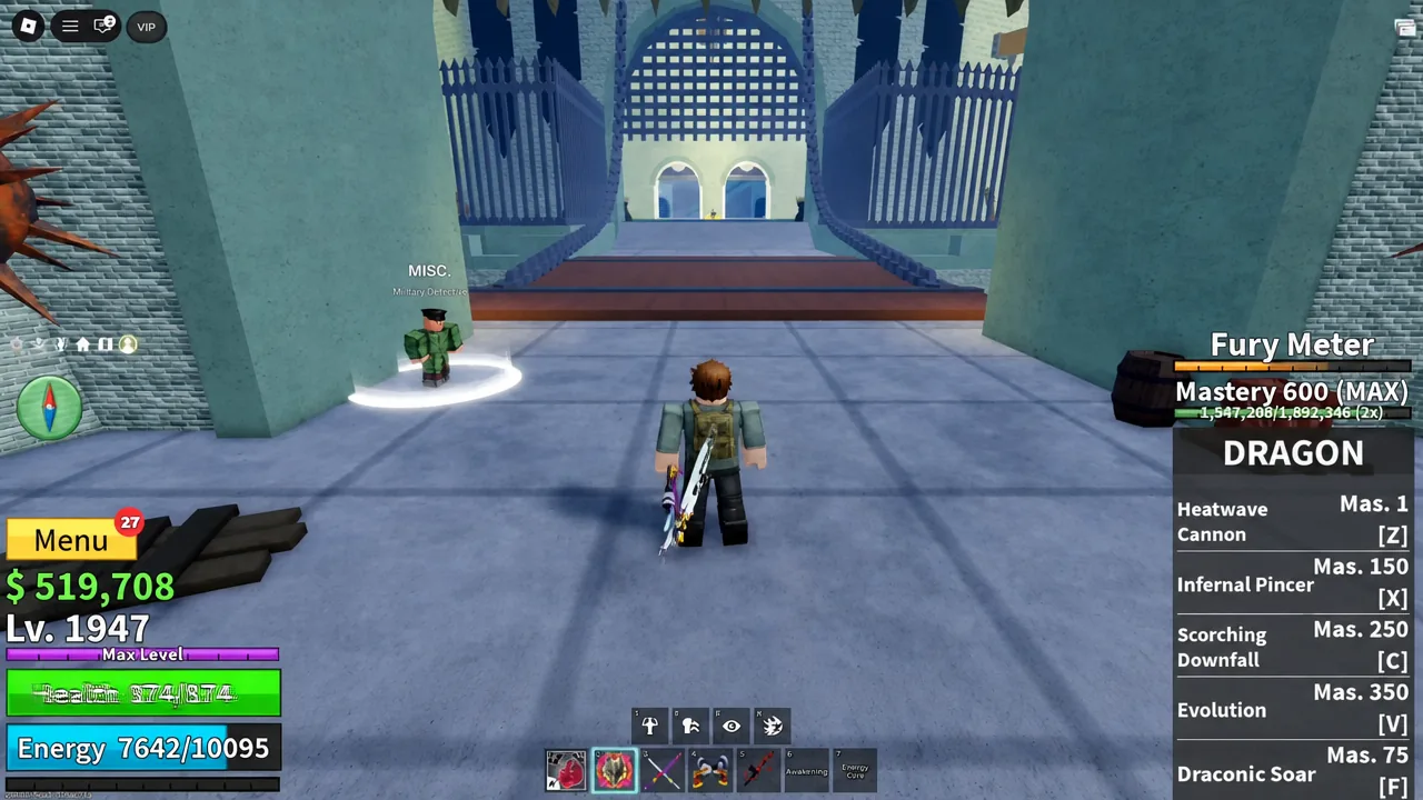 Player approaching the Military Detective NPC inside Prison Island with the menu button highlighted