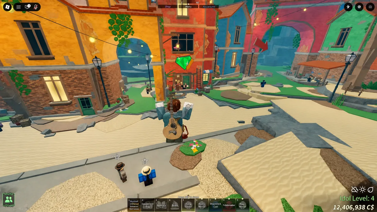 Shop items are equipped and triggered from the hotbar slots at the bottom of the screen.