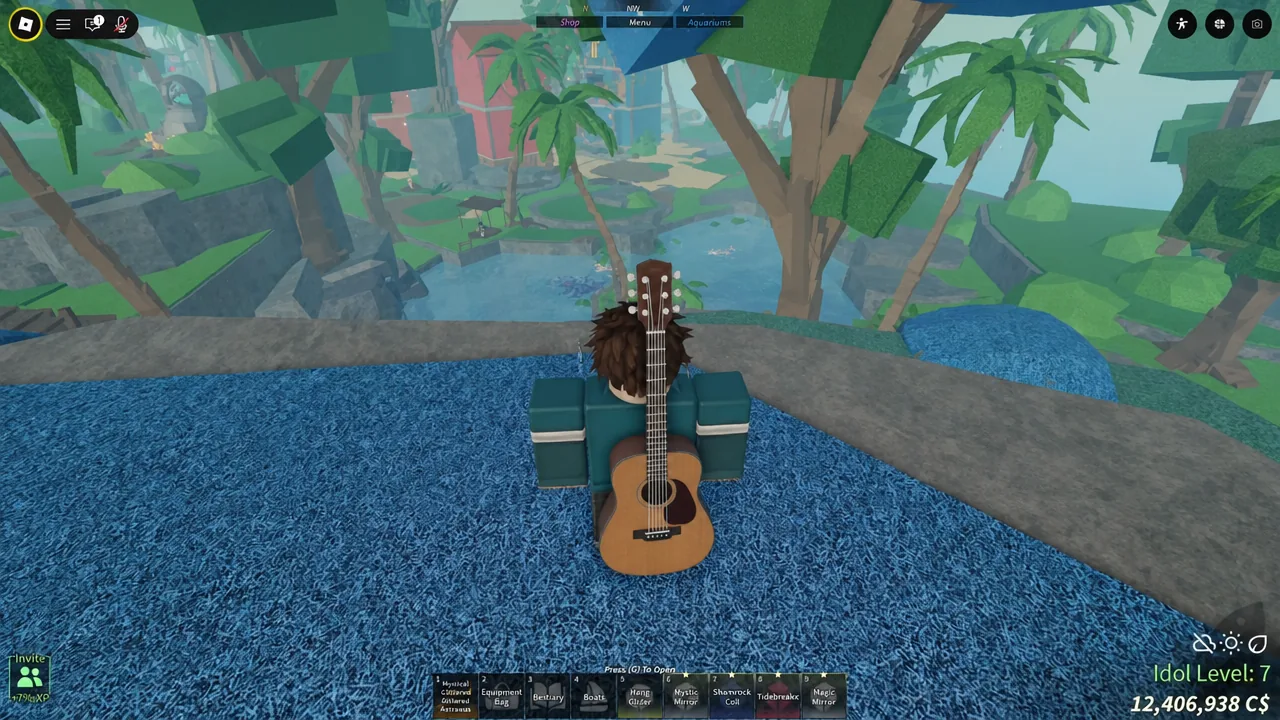 Player gliding up the waterfall toward the floating island of Skycrest in Fisch
