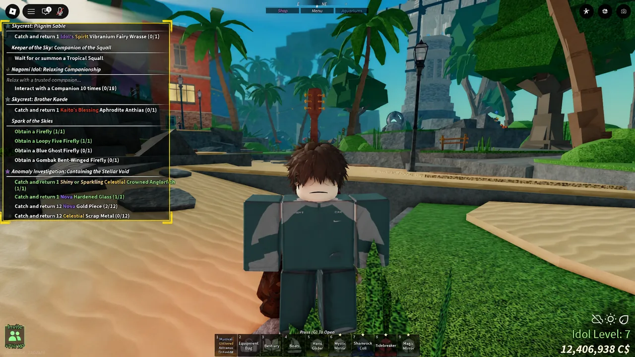 Keep the quest log open — several idol stages and side quests progress in parallel while you fish.