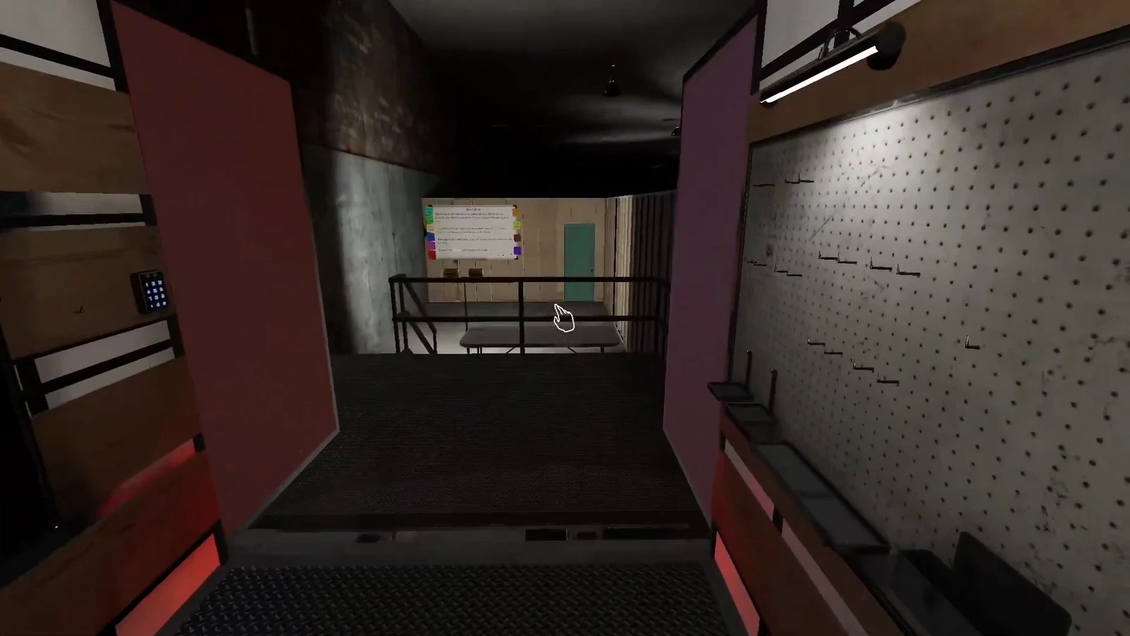 First-person view walking out through the truck's open rear doors into the training area