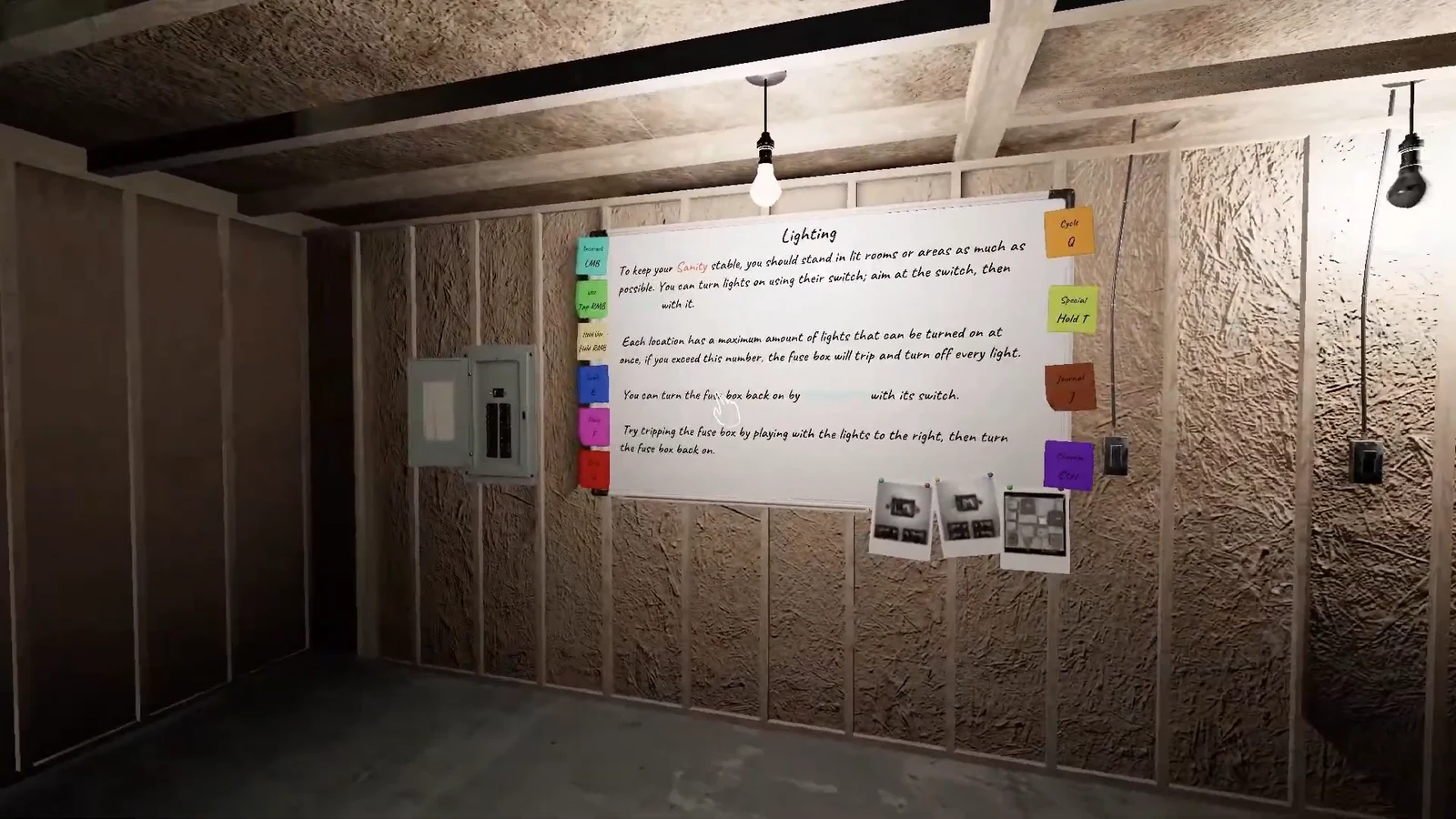 The Lighting whiteboard explaining light switches and resetting the fuse box