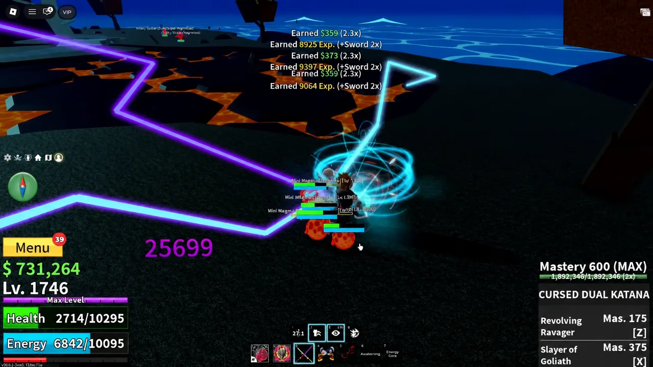 Player attacking Mini Magma enemies that split off from the larger elemental