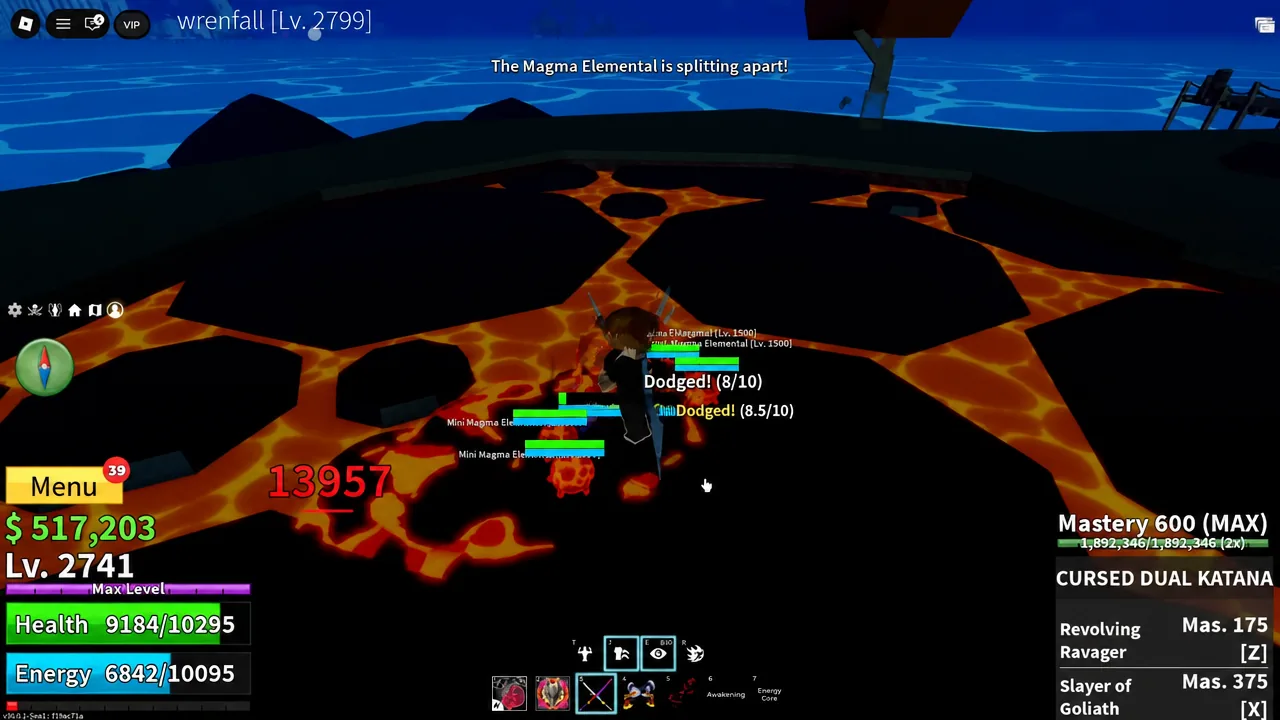 Cursed Dual Katana equipped in the hotbar during the fight at the volcanic crater