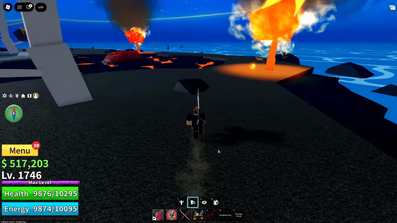 Player character running across the black rock toward the glowing lava field on Volcano Island