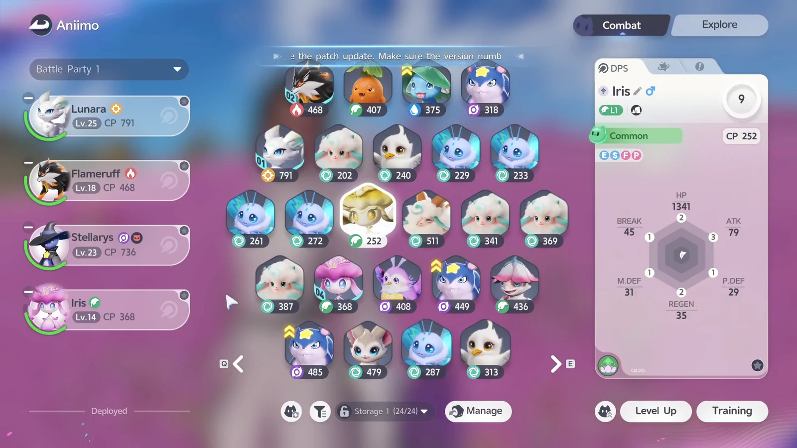 Iris selected in the Aniimo roster, showing her stats next to the Level Up and Training options