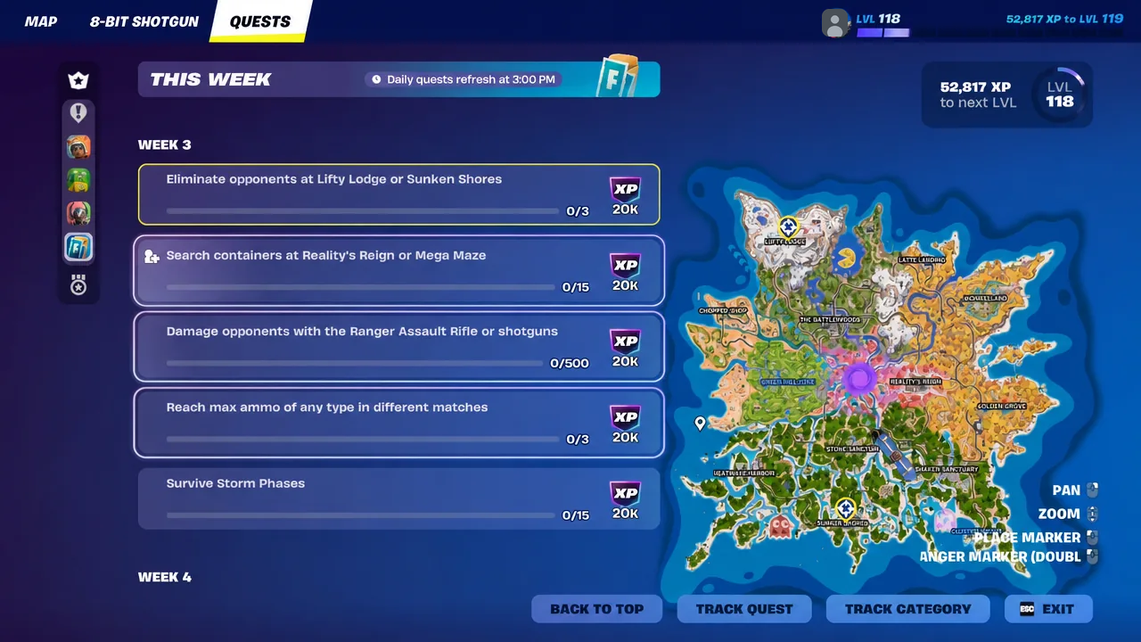 Fortnite Quests menu with the Reality's Reign and Mega Maze container objective selected for tracking