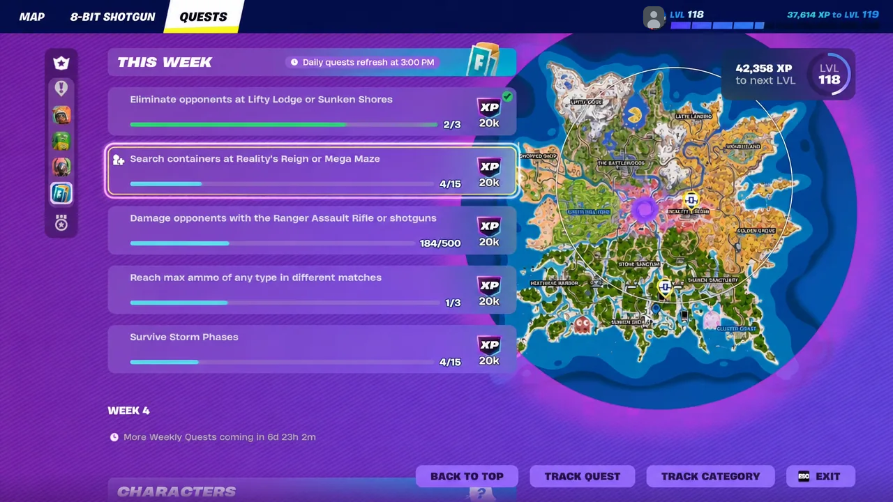 Quest tracker showing four of fifteen containers searched while looting Mega Maze