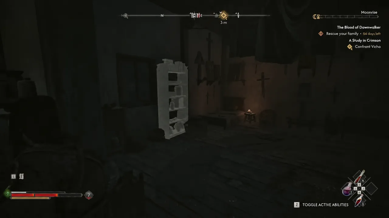 Player standing a few metres from Vicho with the Moonrise quest tracker on screen