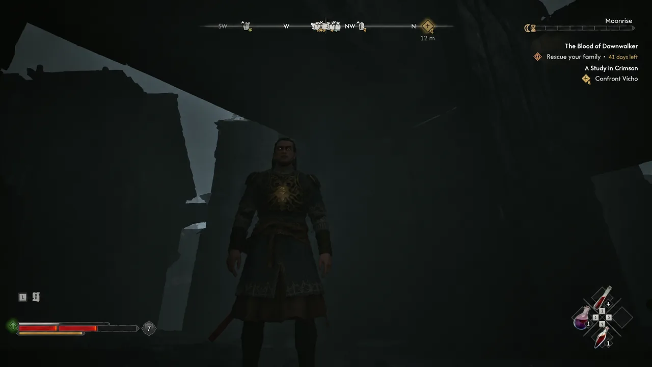 Coen moving through an unlit interior with the quest HUD and compass guiding the route