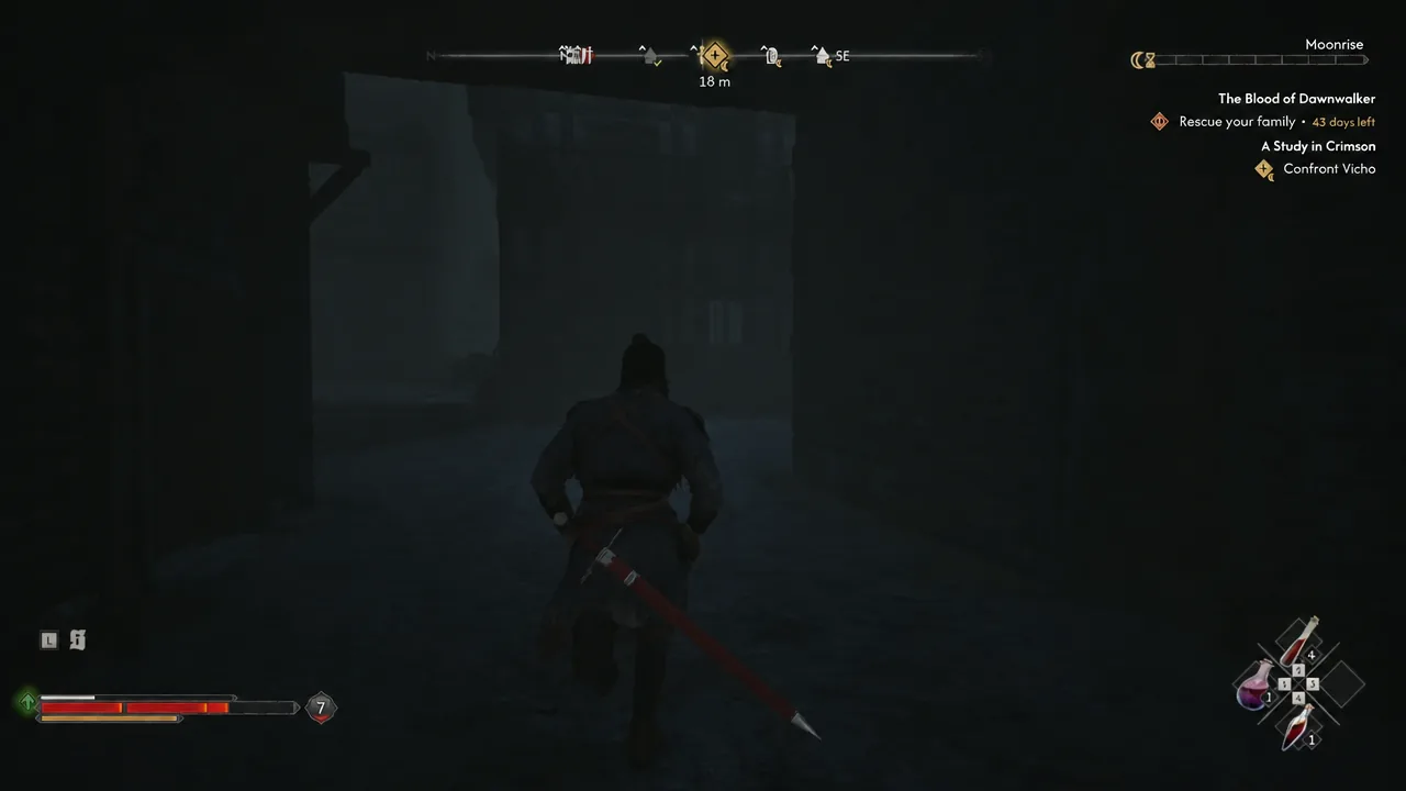 Coen running down a dark alley with the tracked objective marker showing 18 metres ahead