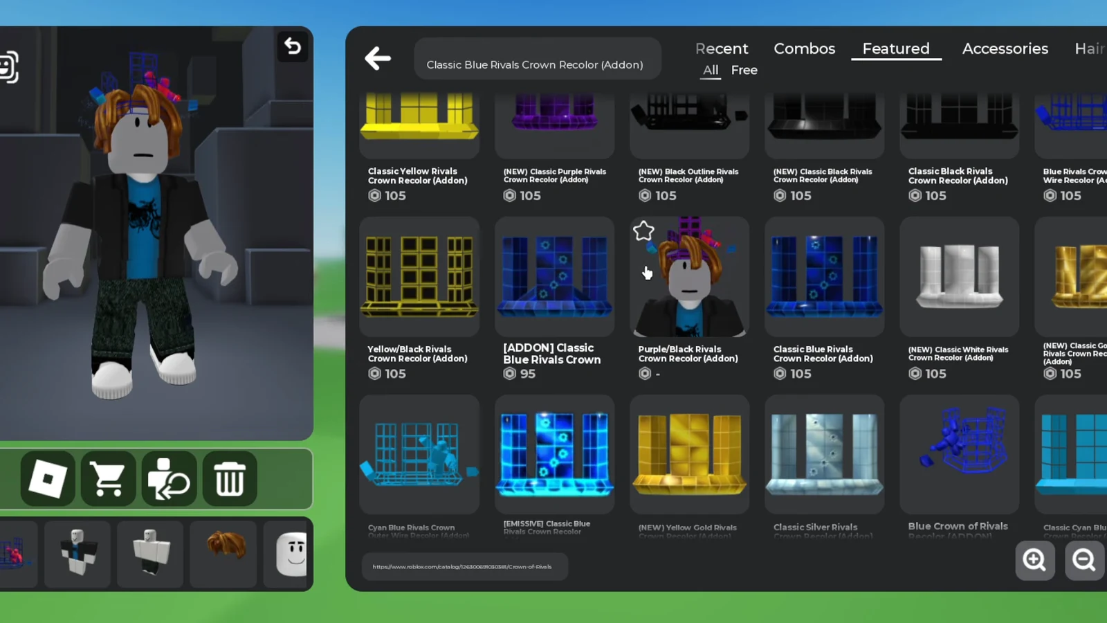 Featured accessories tab with Rivals Crown Recolor add-ons listed, Purple/Black variant highlighted