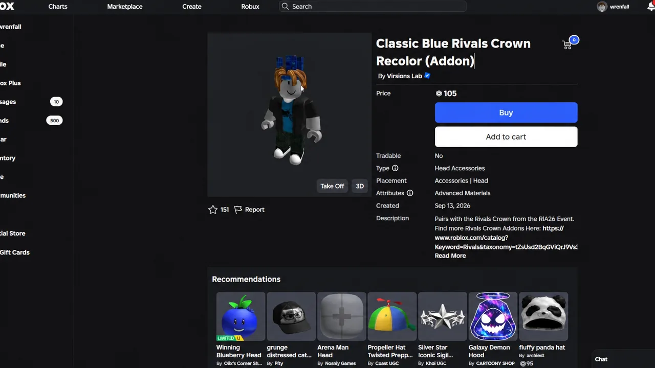 Marketplace listing for the Classic Blue Rivals Crown Recolor add-on priced at 105 Robux