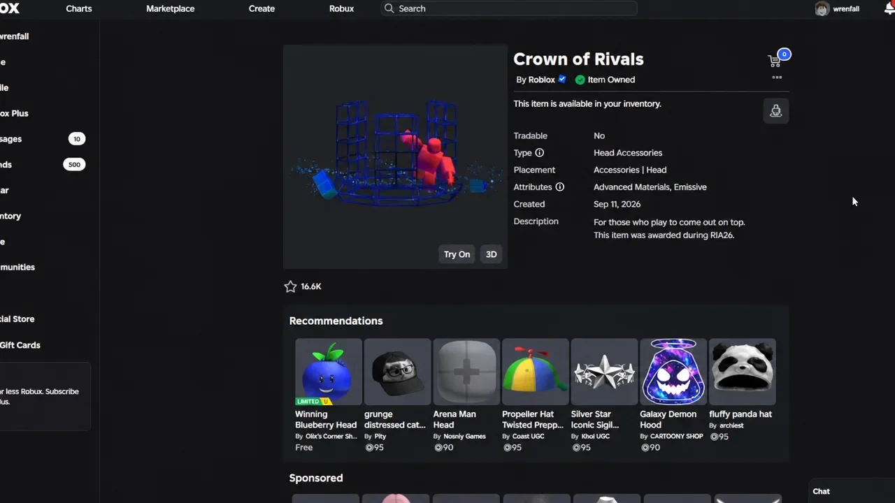 Roblox item page for the Crown of Rivals showing it as owned with a Try On button