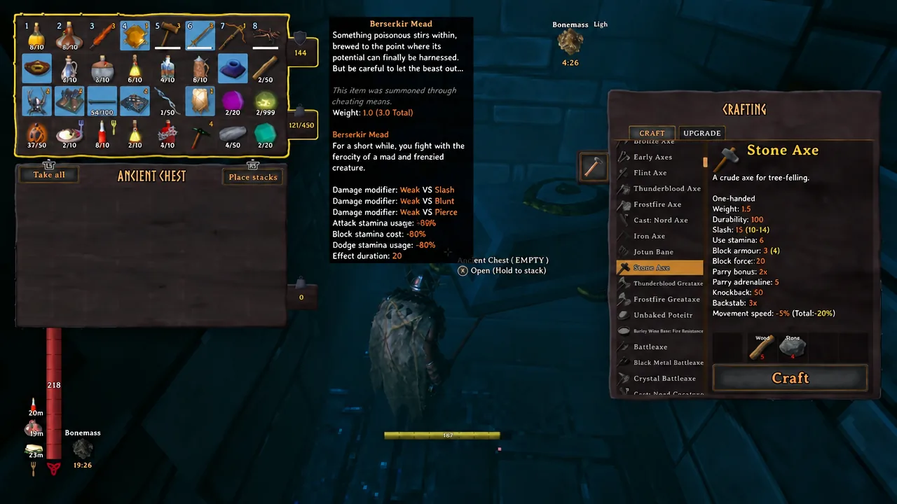 Valheim crafting menu open with an item selected and the Craft button available