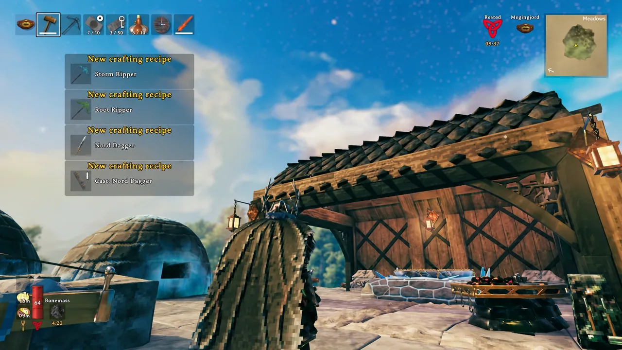 On-screen new crafting recipe notifications listing Nord Dagger and Cast Nord Dagger unlocks