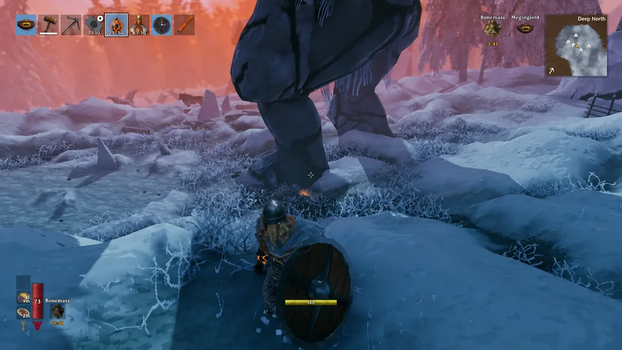 Ember Charges detonating against a frozen Gammeltroll corpse in the Deep North snow