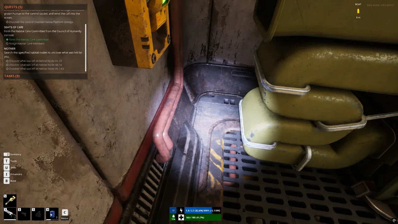 Quest panel showing the MOTHER objective to search habitat nodes inside an industrial interior