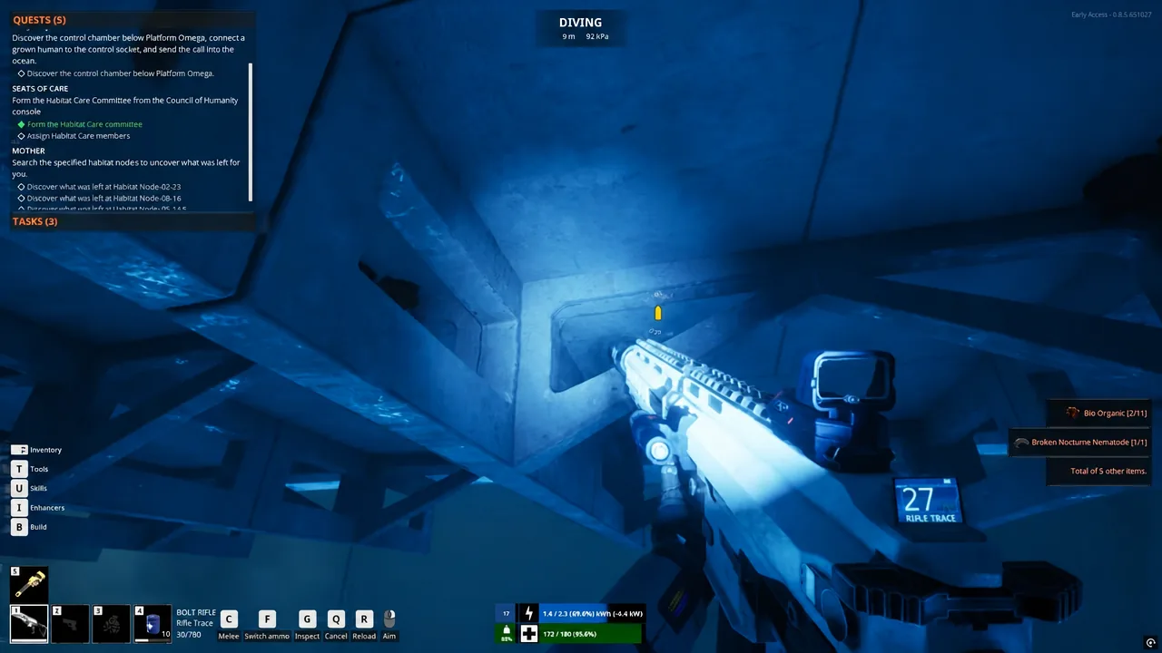 Bolt Rifle aimed at a submerged structure during a night dive