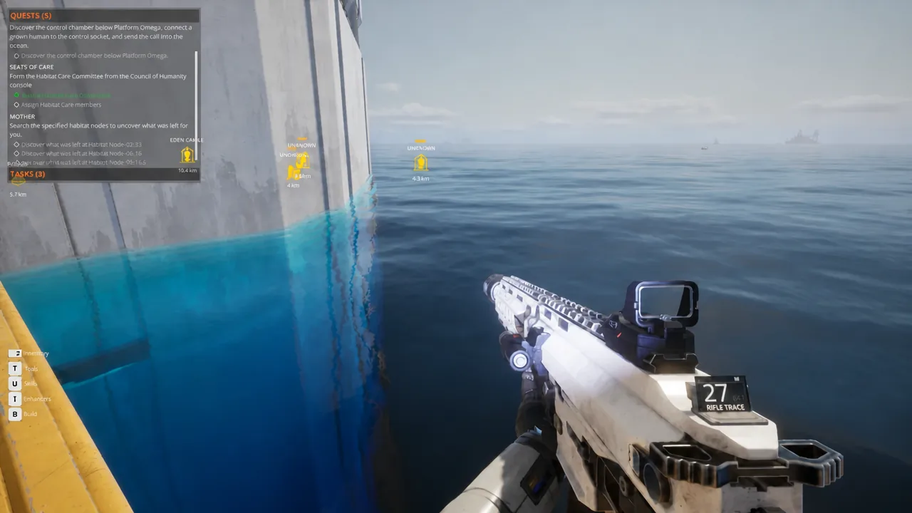Player entering the water at night with the quest list open on the left of the screen