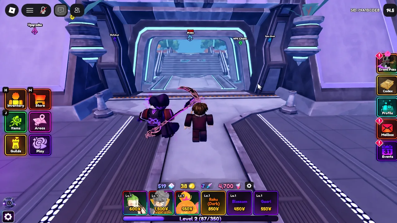 Anime Vanguards hub with the Play button visible and players heading to the central portal