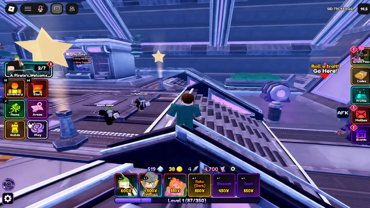 Anime Vanguards lobby with the Event Pass panel highlighted on the side menu
