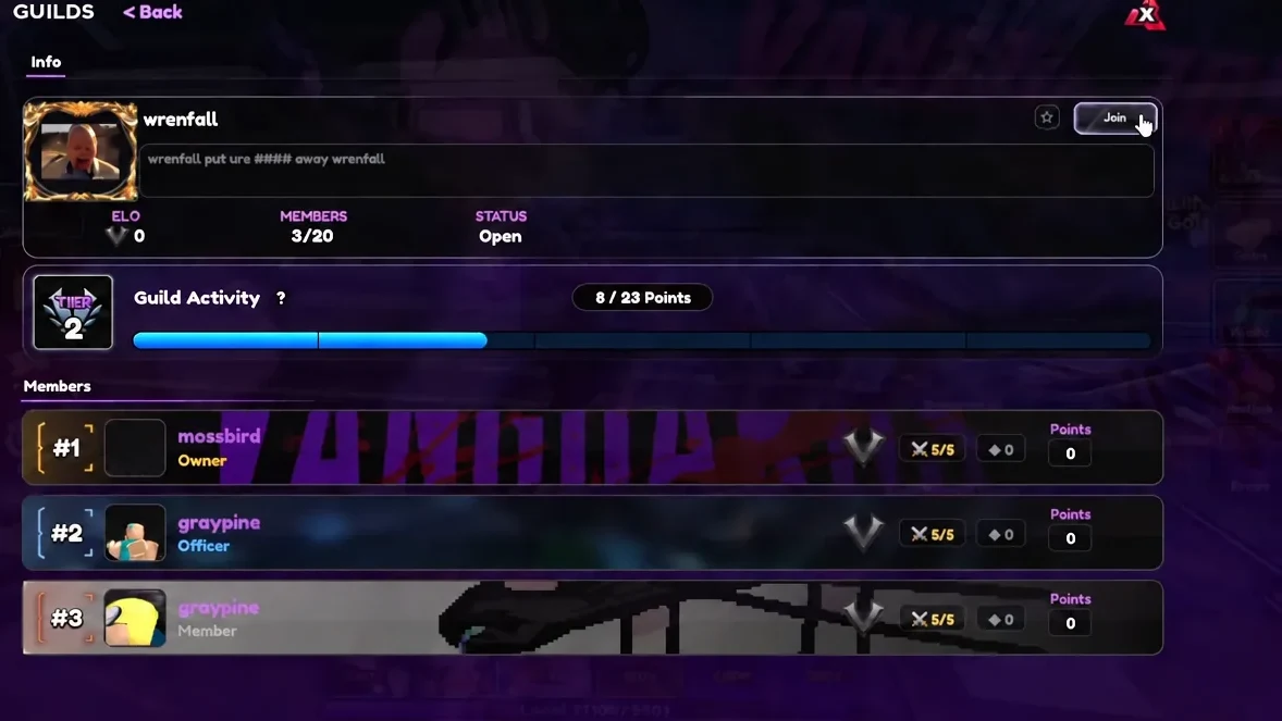 Guild info panel with the Join button highlighted