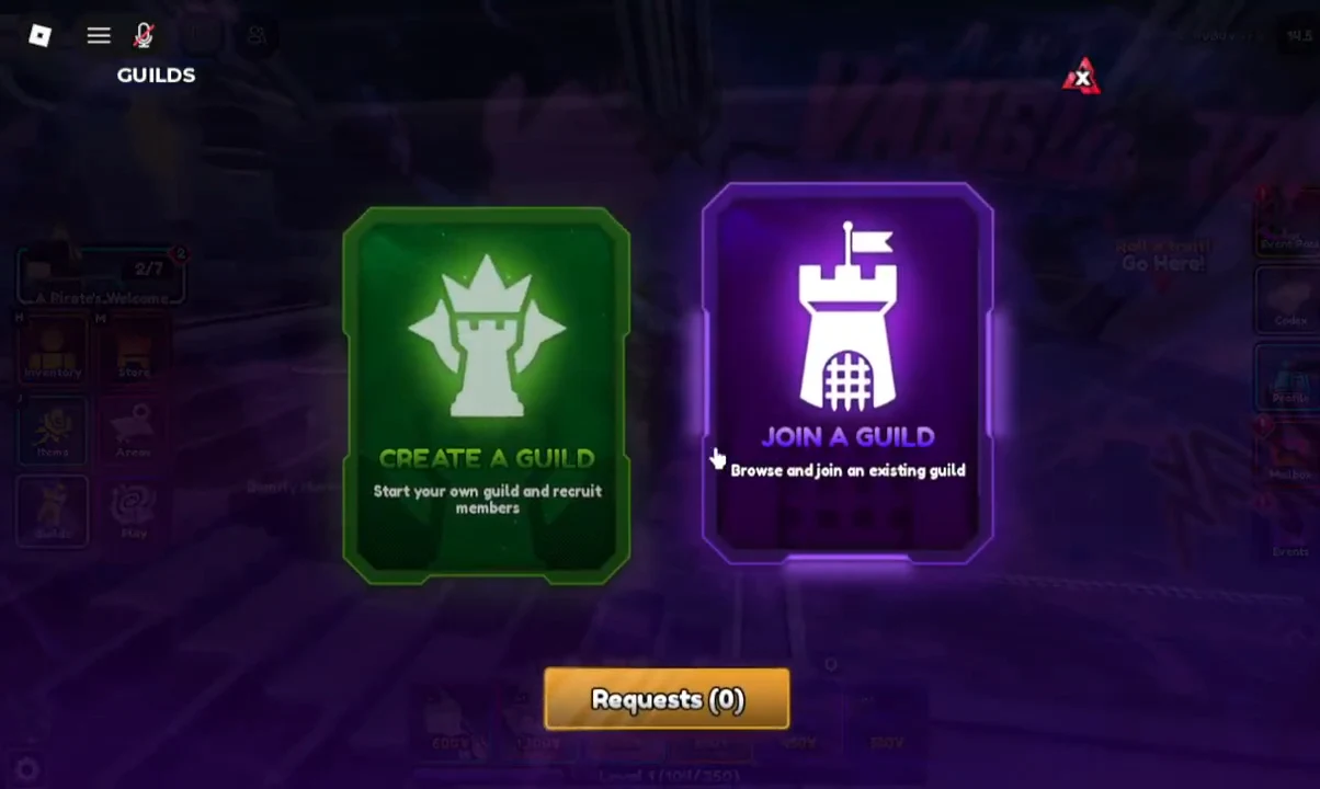 The Guilds menu showing the Create a Guild and Join a Guild cards