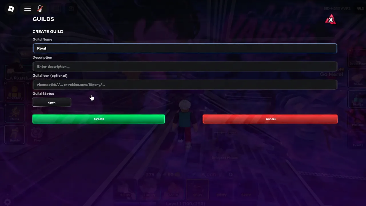 Create Guild screen with a name being typed into the Guild Name field