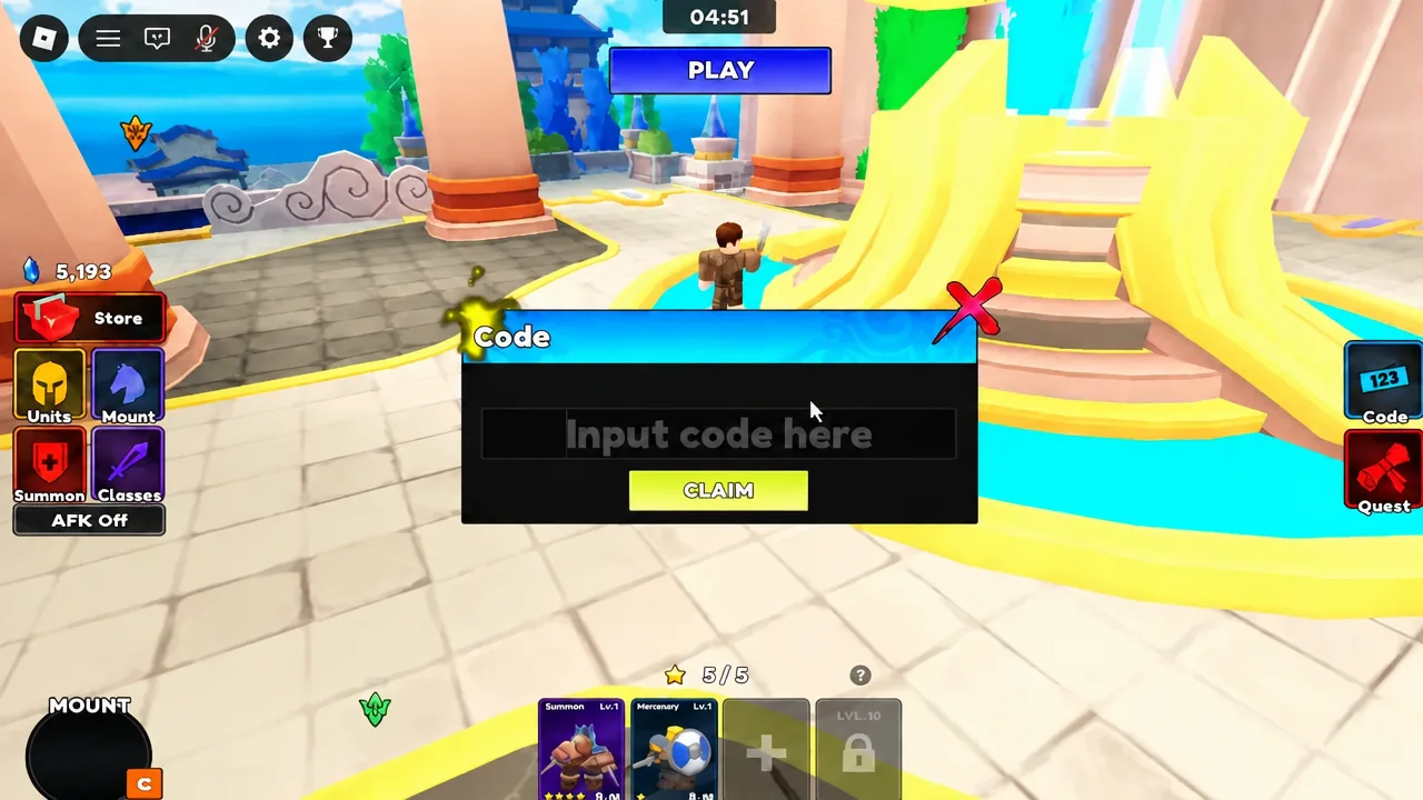 Code redemption window with the input field open, ready for a code before pressing Claim.