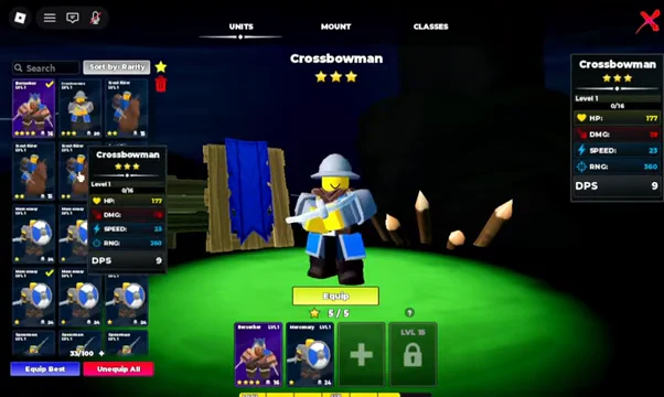 Units menu with the Crossbowman selected, its stats listed and the yellow Equip button visible.