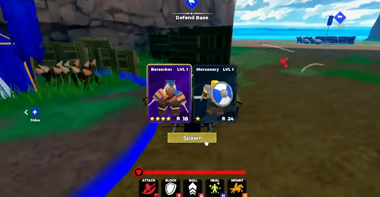Defend Base spawn screen showing Berserker and Mercenary options above a highlighted Spawn button.