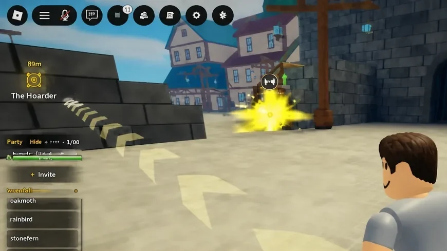 Player following a quest path in Grand Blue as an attack explodes further down the route