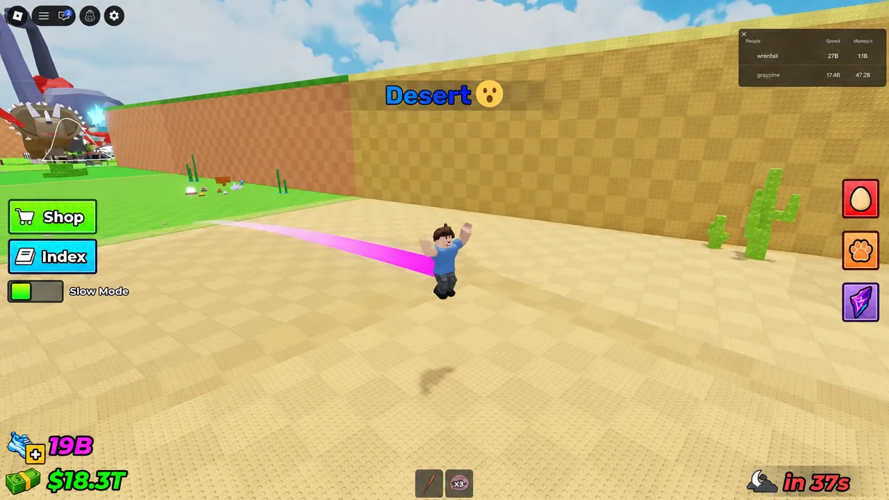 Player avatar mid-jump in the Desert zone trailing a bright pink speed effect
