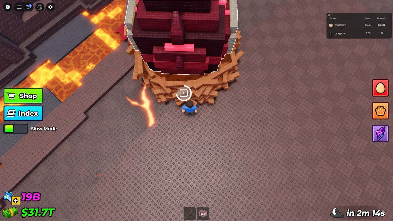 Highlighted red chest in Steal An Egg showing an E prompt to interact