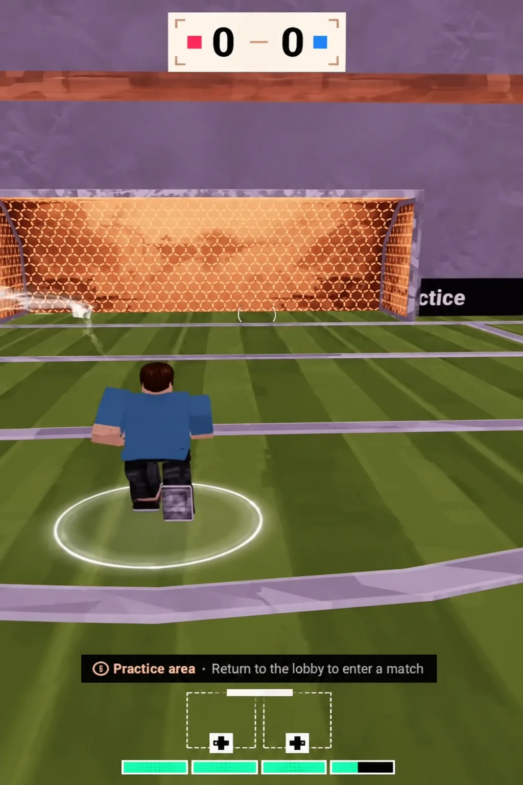 Player avatar setting up the ball in front of the goal in the practice area