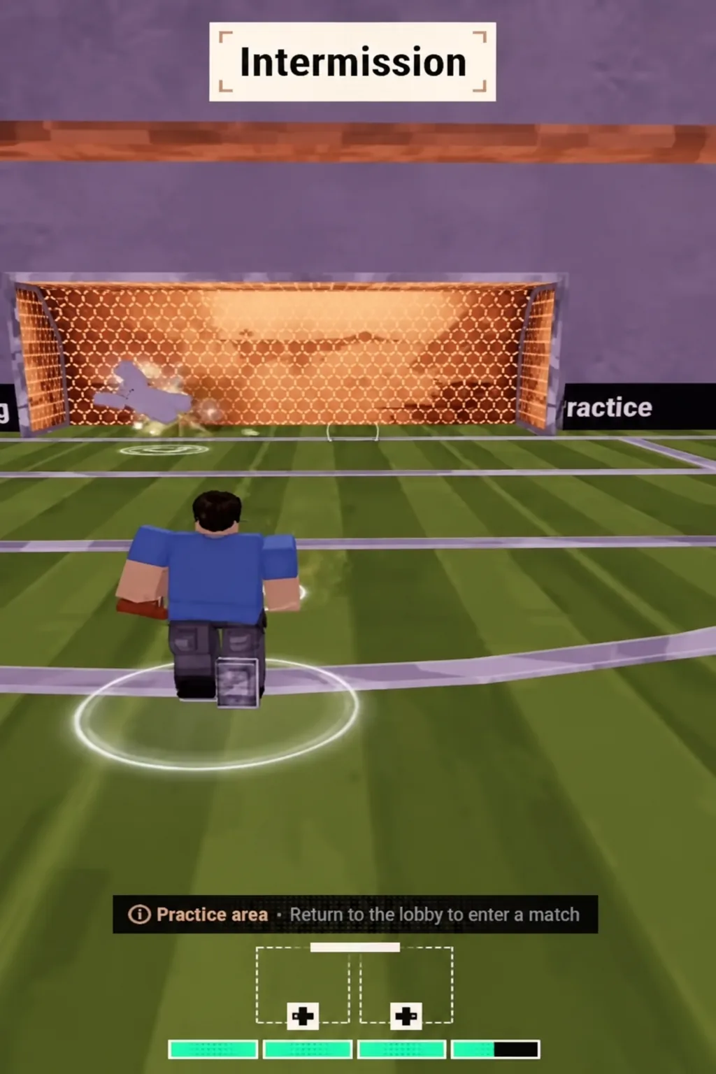 Intermission screen with the player standing in the practice area facing the goal