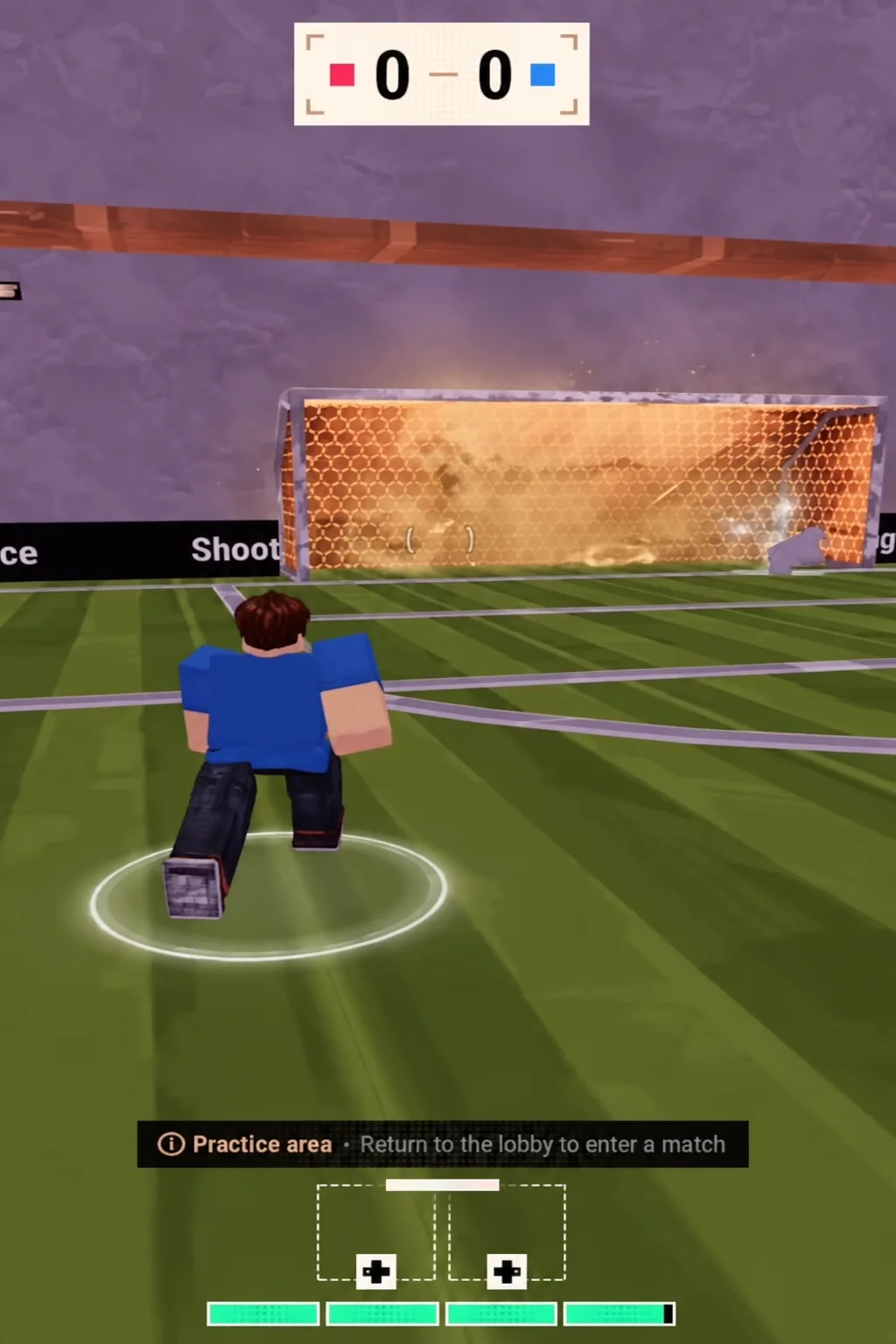 Player running at the goal in the practice area with the 0-0 score display on screen