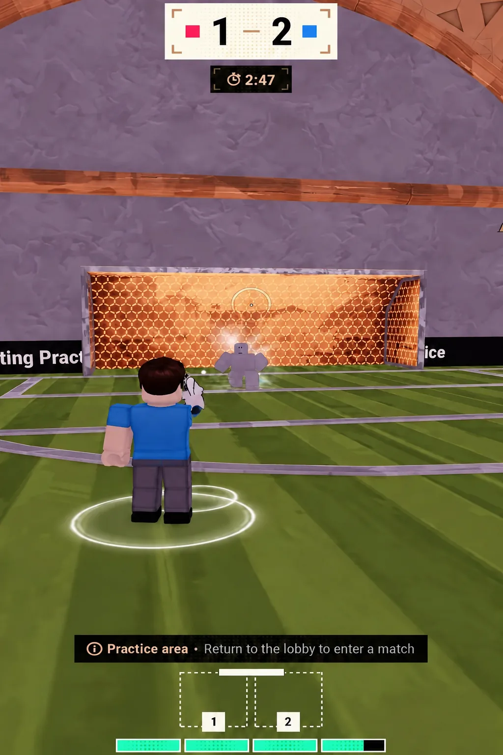 Curved ball path arcing toward the net during a shot in the Illegal Soccer practice area